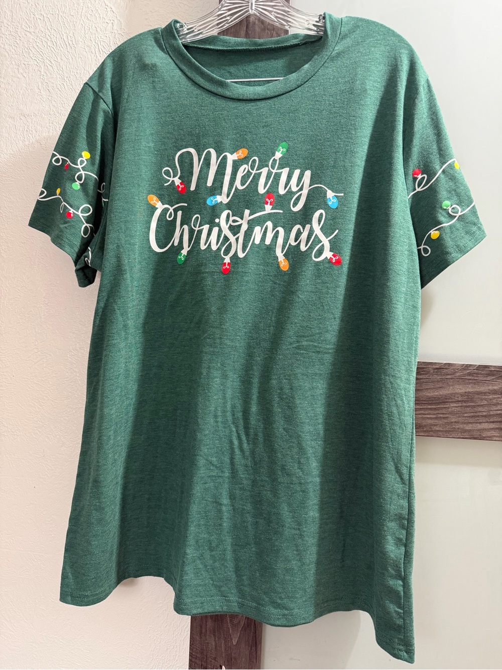 Green 'Merry Christmas' Short Sleeve Tee with Holiday Lights